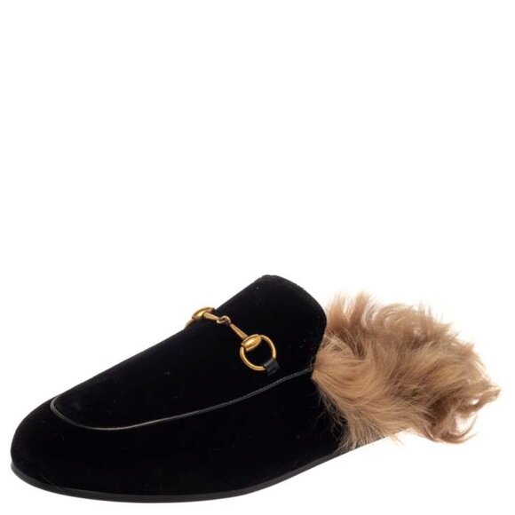 Gucci Black Velvet And Fur Princetown Horsebit Flat Mules Size 40 - Picture 1 of 13